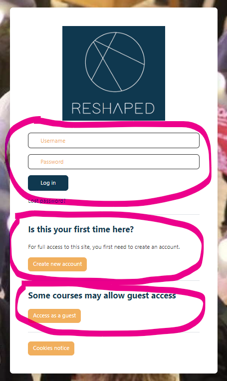Login screen. Username and password fields and login button. 'Create new account' button and 'Access as a guest' button.