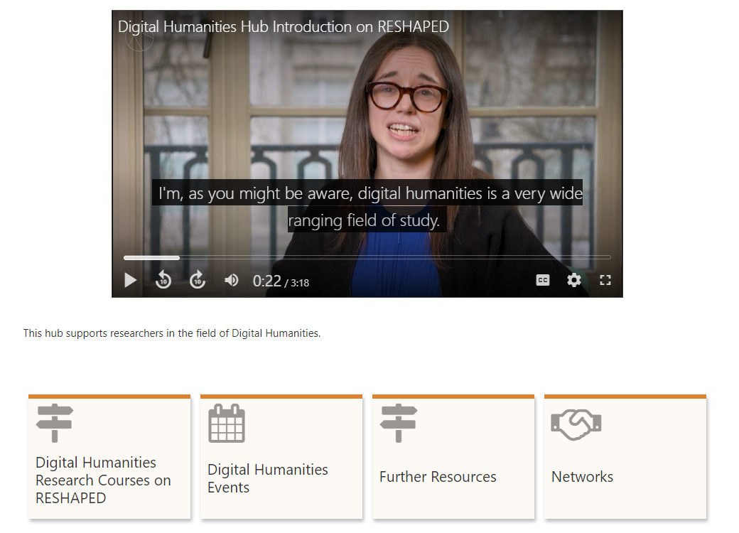 Screenshot of a hub page with a video introduction, navigation buttons for courses, events, resources, and networks.