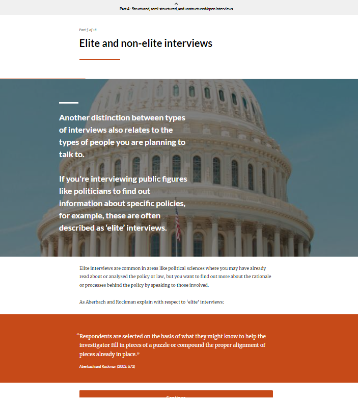 Content on "Elite and non-elite interviews" explaining the differences between interview types.