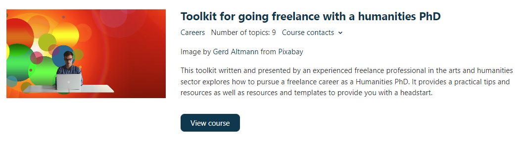 Excerpt and introduction of the module 'Toolkit for going freelance with a humanities PhD. It includes a 'View course' button